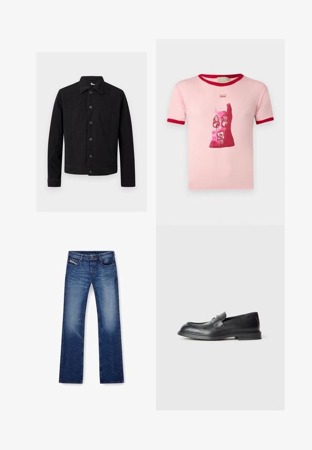Chaqueta de mezclilla negra con mangas largas, cierre delantero con botones y cuello puntiagudo, mostrada sobre un fondo claro y liso.; Camiseta de manga corta de color rosa claro con ribete rojo, con un gráfico abstracto rojo que muestra ojos, manos, labios y la palabra «Aries» encima del diseño.; Pantalones vaqueros de mezclilla azul con un diseño de pierna recta, cinco bolsillos y costuras tonales. La tela tiene una textura suave con un ligero desgastado.; Mocasines de cuero negro con acabado texturizado, que cuentan con una correa decorativa en la parte delantera y punta redondeada. Suela de goma para mayor durabilidad.