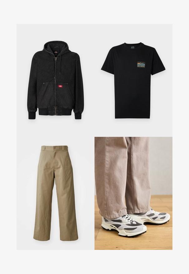 Sort denimjakke med hætte og lynlåslukning, forlommer, ribstrikkede manchetter og et lille rødt logopatch på brystet. Glat tekstur.; Sort T-shirt med korte ærmer med en lille flerfarvet grafik af bjerge og hav samt teksten "BILLABONG Adventure division" på venstre bryst.; Khaki bredde ben bukser lavet af bomuldsblandingsstof, med en enkelt knaplukning og synlige sidelommer. Glat tekstur, plisseret detalje.; En person iført beige bredbukser og grå-hvide sportsko står på et trægulv.