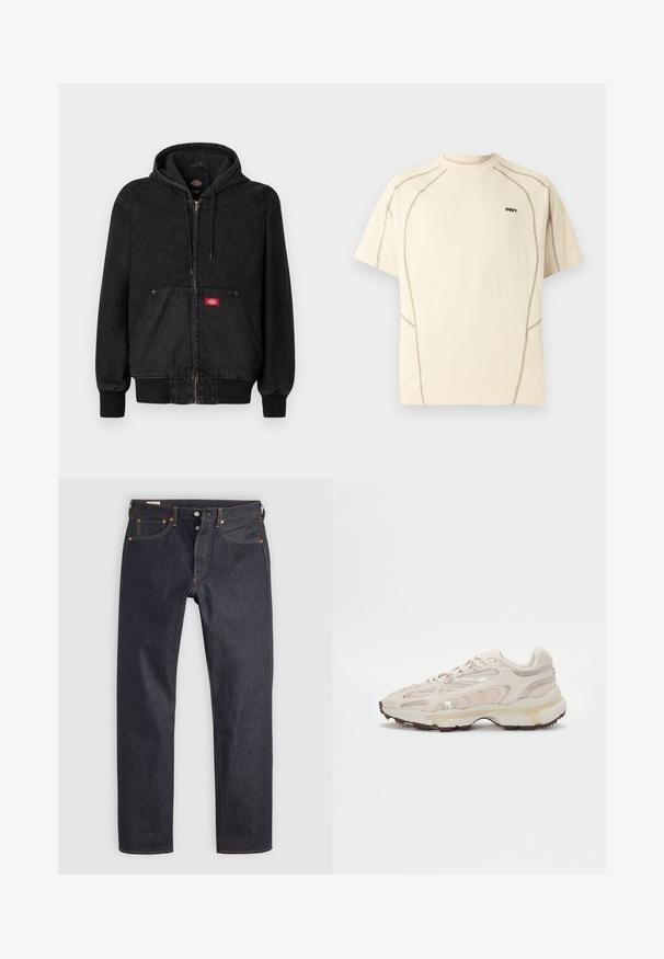 Musta denimhuppari, jossa vetoketjusuljenta, etutaskut, resorit hihansuissa ja pieni punainen logopläyhti rinnassa. Sileä pinta.; Beige väri lyhythihainen t-paita, jossa tummat kontrastisaumat ja pieni "OBEY"-logo vasemmalla rinnassa vaaleaa taustaa vasten.; Tummansiniset denimfarkut suoralla lahkeen leikkauksella, joissa oranssit saumat ja klassinen viiden taskun muotoilu. Nappikiinnitys ja vetoketjullinen etumelu.; Vaaleanbeige urheilujalkine, jossa on verkkopainepinta, tekstuuriset yksityiskohdat ja kultaiset yksityiskohdat. Varustettu paksulla valkoisella välipohjalla ja kumipohjalla.