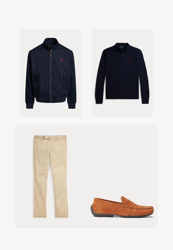 Marineblauwe jas met ritssluiting, opstaande kraag, klepzakken met knopen, geribde boorden en zoom, en een klein rood geborduurd logo op de borst.; Marineblauw poloshirt met lange mouwen van zachte stof, voorzien van een klassieke kraag, drie knopen en een klein rood paardenlogo op de borst.; Beige broek met rechte pijpen, ceintuurlussen en een voorrits, plat gelegd tegen een witte achtergrond.; Bruine suède herensloffen met stikseldetails, een gleuf voor munten op het bovenwerk en een donkere rubberen zool.