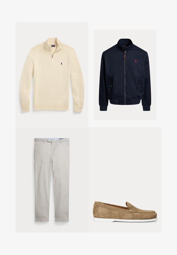 Marineblaue Jacke mit Reißverschluss und Stehkragen, geknöpften Klappentaschen, gerippten Bündchen und Saum sowie einem kleinen roten gestickten Logo auf der Brust.; Cremefarbener Strickpullover mit langen Ärmeln und halbem Reißverschluss vorne, mit geripptem Kragen, Bündchen und Saum sowie einem kleinen dunklen Polo-Logo auf der Brust.; Helle beige Baumwollhose mit geradem Bein, Gürtelschlaufen, Seitentaschen und einem sauberen Saum. Glatte Textur, minimalistische Details.; Hellbrauner Wildleder-Mokassin im Mokassin-Stil mit weißer Sohle und sichtbarer Naht entlang der Vorderseite und Seiten, seitlich gezeigt.