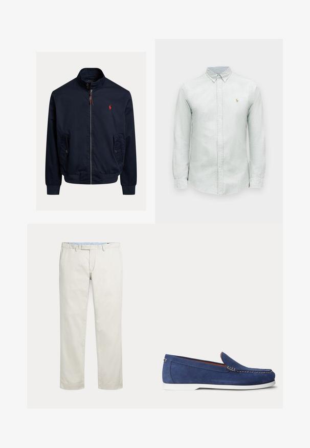 Marineblaue Jacke mit Reißverschluss und Stehkragen, geknöpften Klappentaschen, gerippten Bündchen und Saum sowie einem kleinen roten gestickten Logo auf der Brust.; Hellgrünes langärmeliges Hemd mit Streifen, Button-Down-Kragen und kleinem, auf der Brust gesticktem Logo. Weiches Baumwollmaterial mit strukturierter Oberfläche.; Cremefarbene gerade geschnittene Hosen mit Gürtelschlaufen und verdecktem vorne liegenden Verschluss auf einfarbigem Hintergrund.; Blauer Wildleder-Slipper mit weißer Sohle und beiger Naht am oberen Rand, dargestellt vor einem schlichten weißen Hintergrund.
