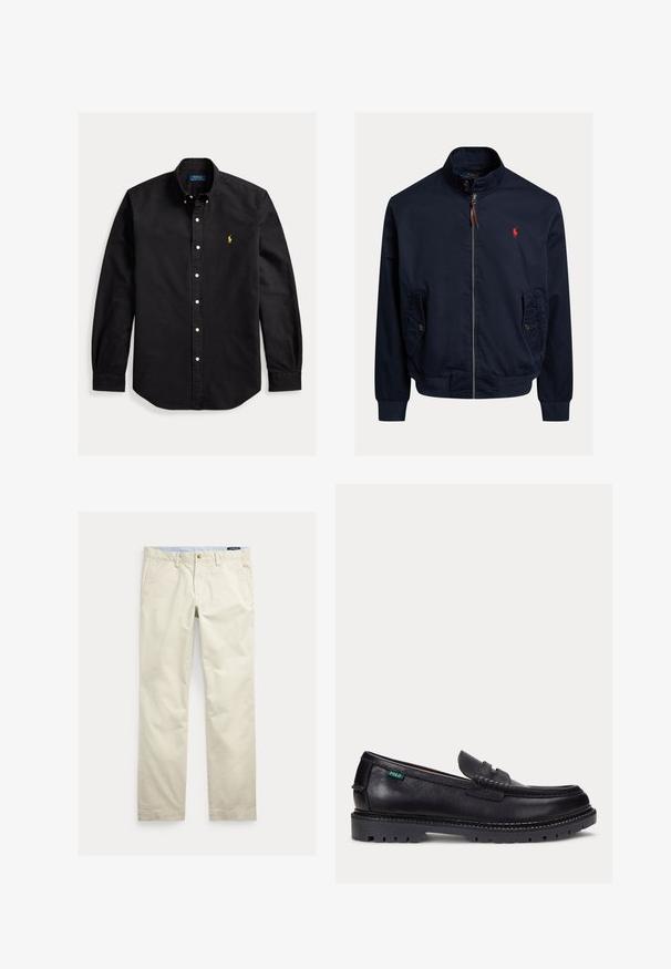 Marineblaue Jacke mit Reißverschluss und Stehkragen, geknöpften Klappentaschen, gerippten Bündchen und Saum sowie einem kleinen roten gestickten Logo auf der Brust.; Schwarzes, langärmliges Hemd mit Knopfleiste, knöpfbarem Kragen und kleinem gelbem Polo Ralph Lauren-Logo auf der linken Brust.; Beige Baumwollhosen mit geradem Bein, Gürtelschlaufen, vorderem Knopf, Reißverschluss und Seitentaschen.; Schwarzer Lederloafer mit dicker Profilsohle und kleinem grünen "Polo"-Etikett an der Außenseite nahe der Ferse.
