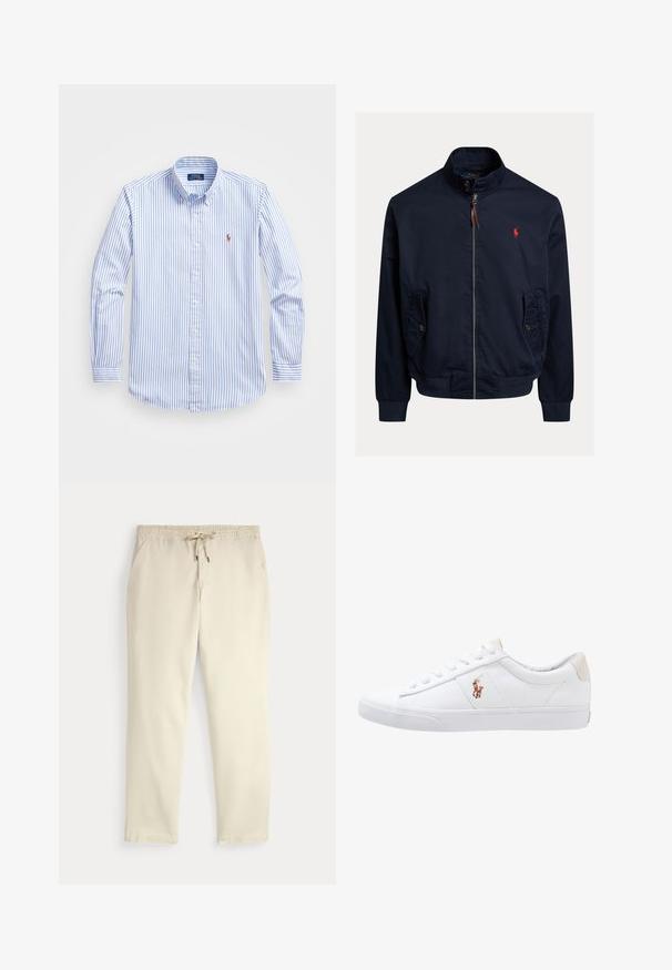 Marineblauwe jas met ritssluiting, opstaande kraag, klepzakken met knopen, geribde boorden en zoom, en een klein rood geborduurd logo op de borst.; Lichtblauw met wit gestreept overhemd met knopen, voorzien van een kraag, lange mouwen en een klein logo op de borst. Gemaakt van katoen.; Off-white casual broek met elastische tailleband en trekkoord, rechte pijpen en zijzakken op een effen achtergrond.; Witte canvas sneakers met een laag ontwerp, featuring een beige hieltab en een klein geborduurd logo aan de zijkant. Rubber zool.