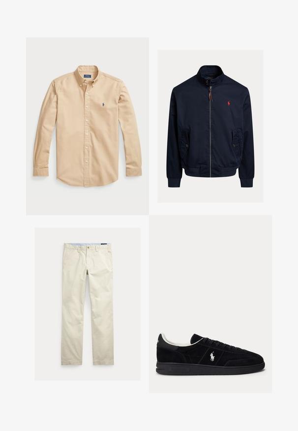 Veste zippée bleu marine avec col montant, poches à rabat boutonnées, poignets et ourlet côtelés, et petit logo rouge brodé sur la poitrine.; Chemise boutonnée beige clair en coton, avec un col classique, des manches longues, des boutons blancs et un petit logo bleu sur la poitrine.; Pantalon beige en coton coupe droite avec passants pour ceinture, bouton devant, fermeture éclair et poches latérales.; Baskets basses noires avec lacets noirs, doublure intérieure blanche et logo Polo Ralph Lauren blanc sur le côté et le talon.