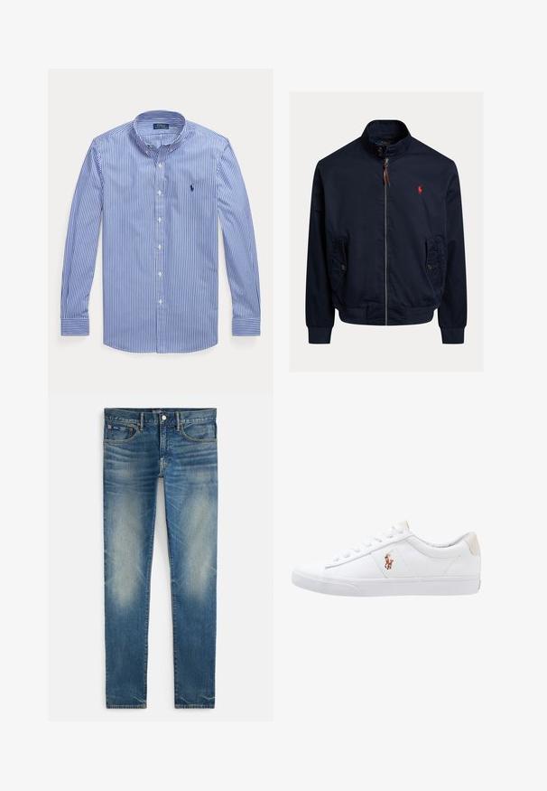 Veste zippée bleu marine avec col montant, poches à rabat boutonnées, poignets et ourlet côtelés, et petit logo rouge brodé sur la poitrine.; Chemise à manches longues rayée verticale bleu et blanc, à boutons, col boutonné, avec le logo Polo Ralph Lauren sur la poitrine.; Jean bleu délavé, coupe slim, avec fermeture à boutons et zip, poches avant et petite poche pour pièce, présenté à plat sur fond blanc.; Baskets en toile blanches avec un design basse, présentant un onglet de talon beige et un petit logo brodé sur le côté. Semelle en caoutchouc.