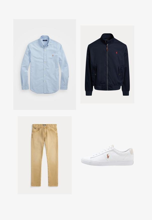 Marineblaue Jacke mit Reißverschluss und Stehkragen, geknöpften Klappentaschen, gerippten Bündchen und Saum sowie einem kleinen roten gestickten Logo auf der Brust.; Himmlisch blaues Langarm-Hemd aus Baumwolle mit klassischem Kragen und kleinem roten gestickten Logo auf der Brust.; Beige Baumwolljeans mit schlanker Passform, fünf Taschen-Design und sichtbaren Nähten. Verfügt über einen Metallknopf und ein Etikett am Bund.; Weiße Leinensneaker im Low-Top-Design mit einem beigen Ferseneinsatz und einem kleinen gestickten Logo an der Seite. Gummisohle.