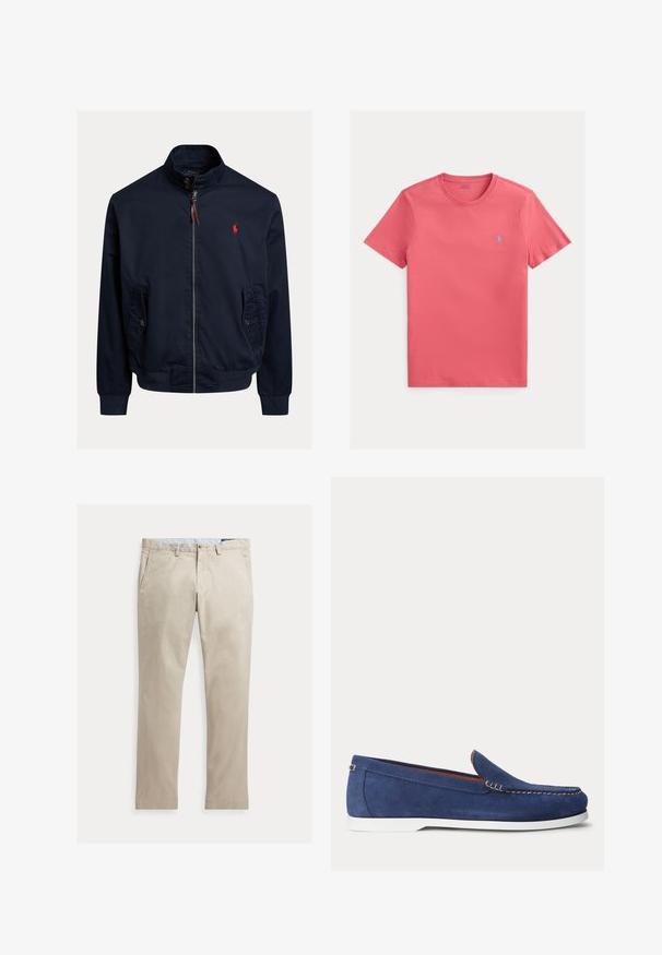 Marineblaue Jacke mit Reißverschluss und Stehkragen, geknöpften Klappentaschen, gerippten Bündchen und Saum sowie einem kleinen roten gestickten Logo auf der Brust.; Baumwoll-T-Shirt in Korallenrot, kurzärmelig, Rundhalsausschnitt, mit kleinem blauem Logo auf der Brust, glatte Textur.; Beige Baumwollhose mit geradem Bein, Fronttaschen, Gürtelschlaufen, Knopfverschluss und Reißverschluss, flach auf weißem Hintergrund dargestellt.; Blauer Wildleder-Slipper mit weißer Sohle und beiger Naht am oberen Rand, dargestellt vor einem schlichten weißen Hintergrund.