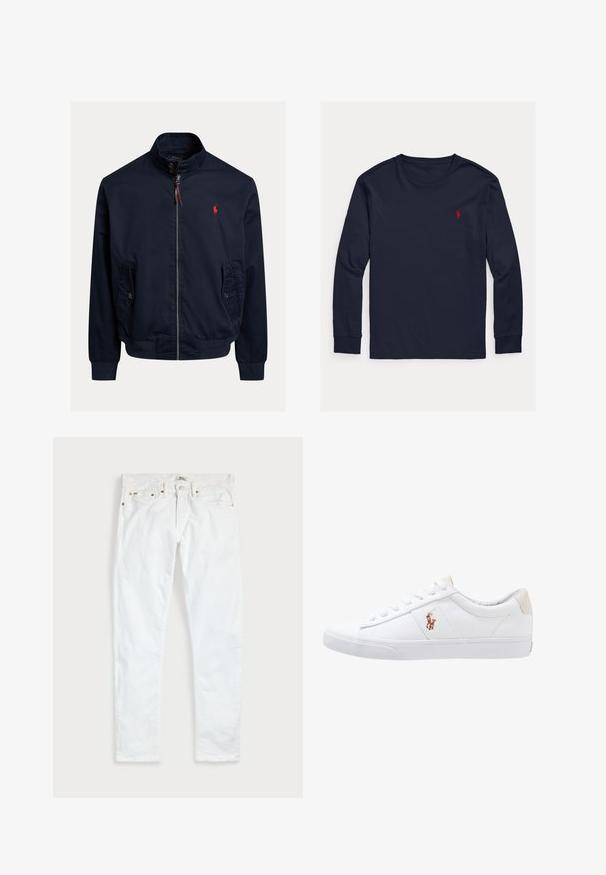 Marineblå lynlåstrøje med opretstående krave, knappede klaffelommer, ribstrikkede ærmeafslutninger og kant samt et lille rødt broderet logo på brystet.; Navyblå langærmet T-shirt med rund hals og et lille rødt broderet polo spillerlogo på venstre bryst.; Hvide slim fit jeans med fem lommer, knaplukning og bæltestropper, fladt lagt på en ensfarvet lys baggrund.; Hvide kanvas sneakers med lågtop design, prydet med en beige hælkappe og et lille broderet logo på siden. Gummisål.
