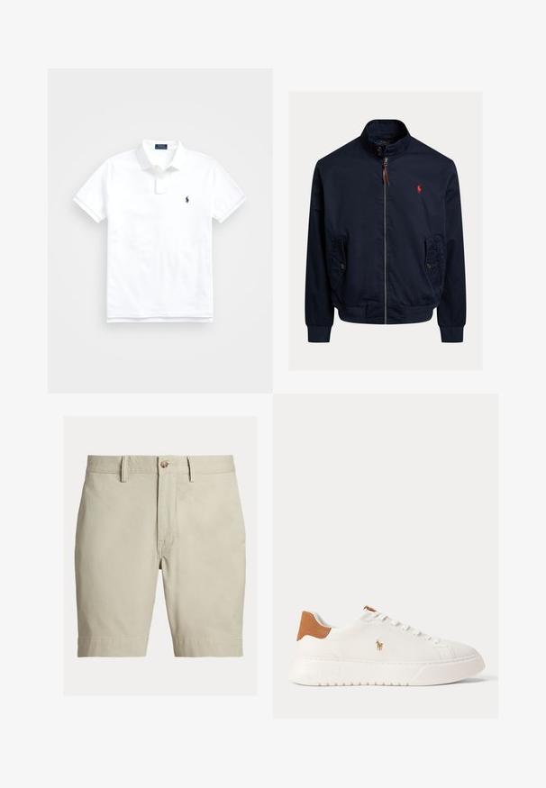 Marineblauwe jas met ritssluiting, opstaande kraag, klepzakken met knopen, geribde boorden en zoom, en een klein rood geborduurd logo op de borst.; Witte poloshirt met korte mouwen, kraag, twee knopen en klein marineblauw geborduurd logo op de linkerborst.; Beige knielange korte broek met riemlussen, knoopsluiting en ritssluiting, afgebeeld tegen een witte achtergrond.; Witte lage sneaker met beige hieltab, witte veters en klein geborduurd polo spelerlogo aan de zijkant boven een dikke zool.