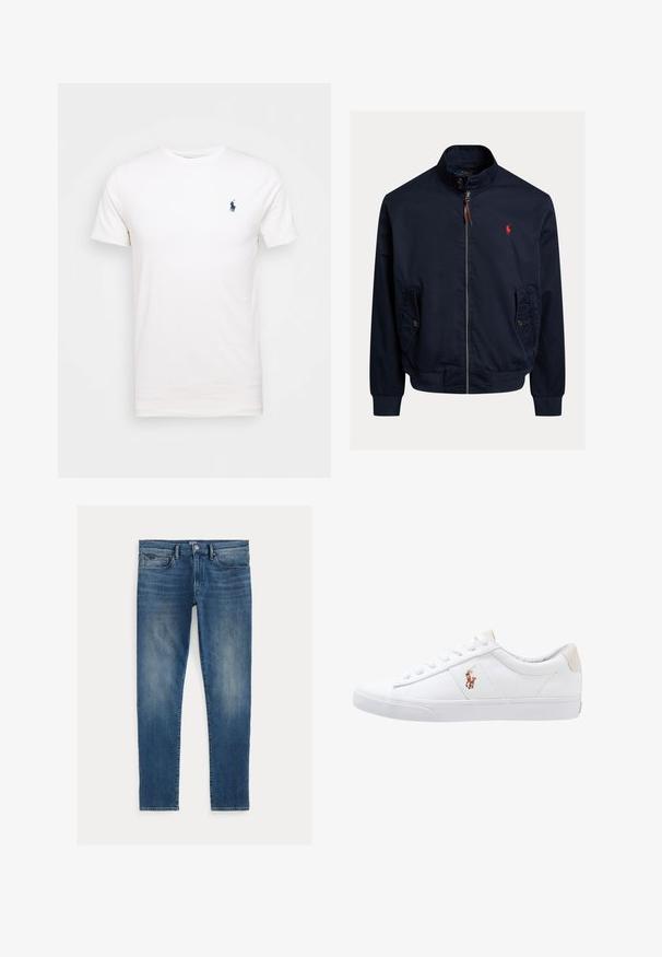 Marineblå lynlåstrøje med opretstående krave, knappede klaffelommer, ribstrikkede ærmeafslutninger og kant samt et lille rødt broderet logo på brystet.; Hvid bomulds t-shirt med rund hals. Har et lille mørkeblå logo på venstre bryst. Korte ærmer, glat tekstur.; Blå denim jeans med slim fit, der har en falmet effekt, fem lommer og en lynlås med en knap øverst. Fremtrædende sømdetaljer.; Hvide kanvas sneakers med lågtop design, prydet med en beige hælkappe og et lille broderet logo på siden. Gummisål.