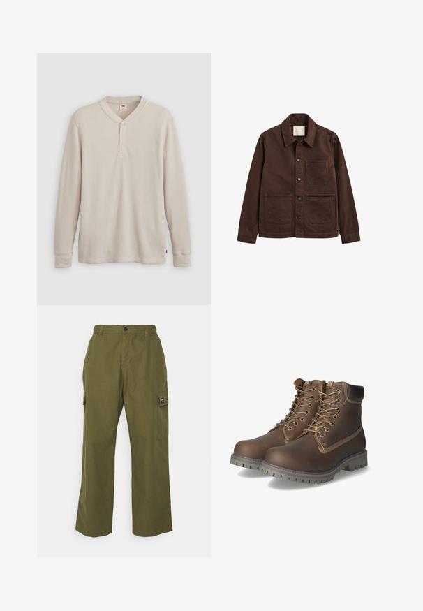 Chaqueta marrón con botones, tres bolsillos delanteros, cuello estándar, mangas largas y etiqueta visible de GANT en el interior del cuello.; Camisa tipo henley de manga larga en tejido acanalado color beige claro, con escote en V,tapeta de tres botones, y mangas con puños. Etiqueta de logo roja en el dobladillo.; Dr.Denim CALDER CARGO - Pantalones cargo - dark emerald; Botas de cuero marrón hasta el tobillo con cordones, cuello acolchado, costuras en contraste y suela de goma resistente con patrones de tracción.