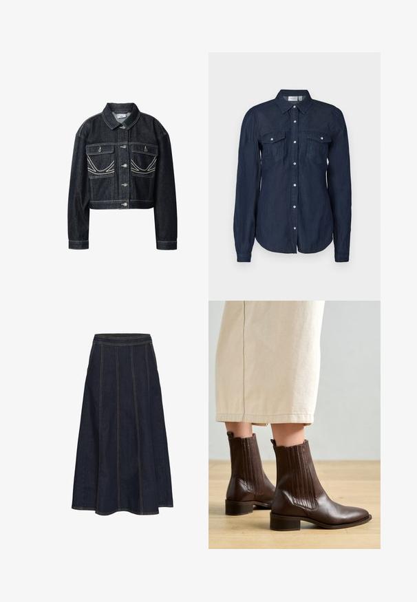 Chaqueta corta de mezclilla oscura con botones plateados, dos bolsillos delanteros con solapa y detalles de costura blanca en los bolsillos y las costuras.; Camisa de botones azul marino en tejido ligero, con dos bolsillos frontales, mangas largas y un cuello clásico con dobladillo curvado.; Falda A de mezclilla oscura con una cinturilla ancha, costuras visibles y un dobladillo acampanado. No tiene bolsillos ni adornos.; Pavement SHANI - Botines - brown