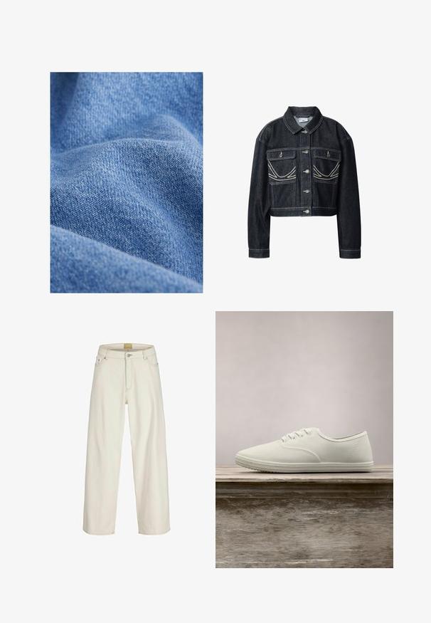 Veste courte en denim foncé avec boutons argentés, deux poches avant à rabat et coutures blanches décoratives sur les poches et les coutures.; Tissu en denim bleu avec une texture douce, présentant un motif de tissage serré et des variations subtiles de teinte. Aspect froissé avec des plis.; Jean taille haute, coupe droite, couleur crème, avec bouton devant, fermeture éclair, passants de ceinture, poches latérales et arrière.; Baskets en toile blanches avec un bout arrondi, six œillets et une semelle en caoutchouc texturée, suspendues au-dessus d'une surface en bois avec de l'herbe verte en arrière-plan.