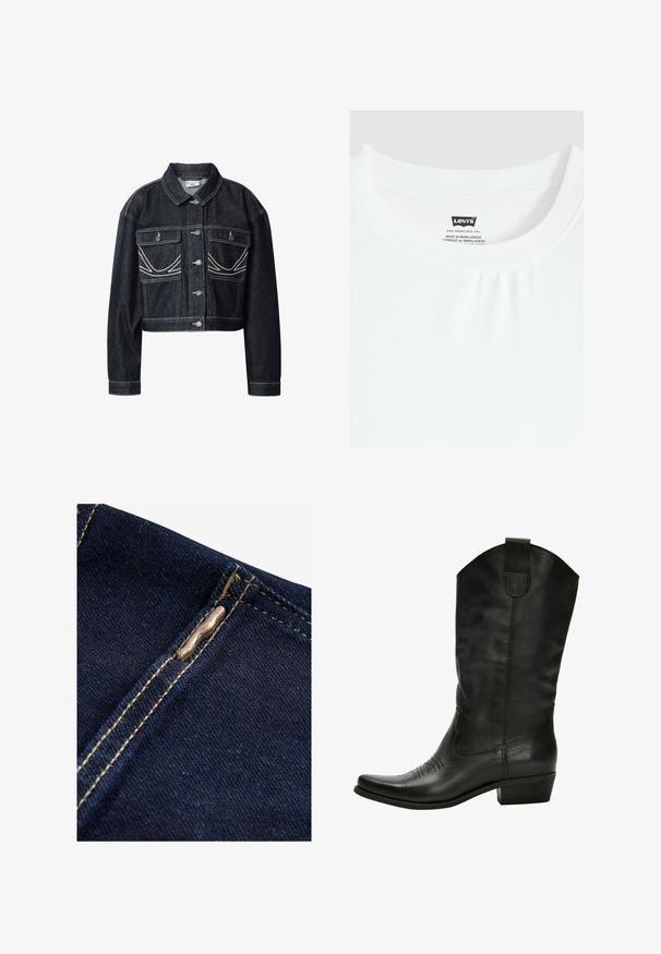 Mørk denim kort jakke med sølvknapper, to forlommer med klapper og hvide syninger på lommer og sømme.; Hvid t-shirt med rund hals og Levi's mærke syet ind i kraven, lavet i Bangladesh.; Next REGULAR FIT - WIDE LEG - Flared jeans - rinse blue; Sorte læder cowboy støvler med spids tå, diskrete syninger og en stablet hæl. Har en høj skaft og en trækflige.