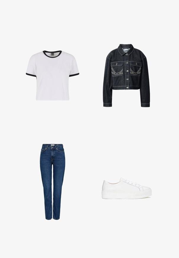 Chaqueta corta de mezclilla oscura con botones plateados, dos bolsillos delanteros con solapa y detalles de costura blanca en los bolsillos y las costuras.; Camiseta blanca de manga corta con un cuello y puños de ribete negro. Confeccionada con un material de algodón suave, presenta un ajuste clásico.; Vaqueros de mezclilla azul oscuro con diseño de pierna recta, cintura alta, cinco bolsillos, costuras claras y un acabado sutilmente texturizado.; Zapatilla blanca de cuero con superficie lisa, punta redonda y suela plana. Presenta cierre con cordones y detalles de costura sutiles.