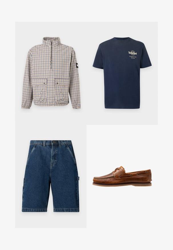 Geruite jas met lange mouwen in bruin, blauw en wit, met een halve rits aan de voorkant, twee klepzakken en elastische boorden en zoom.; Marineblauw T-shirt met korte mouwen en ronde hals, voorzien van een klein beige Timberland-logo en de tekst "Established 1973 NH, USA" op de linkerborst.; Blauwe denim shorts met voorzakken, riemlussen, knoopsluiting en een zijlus, weergegeven tegen een witte achtergrond.; Brown leren botenschoen met gestikte accenten, voorzien van metalen oogjes, een verhoogde naad op de neus en een platte rubberen zool.