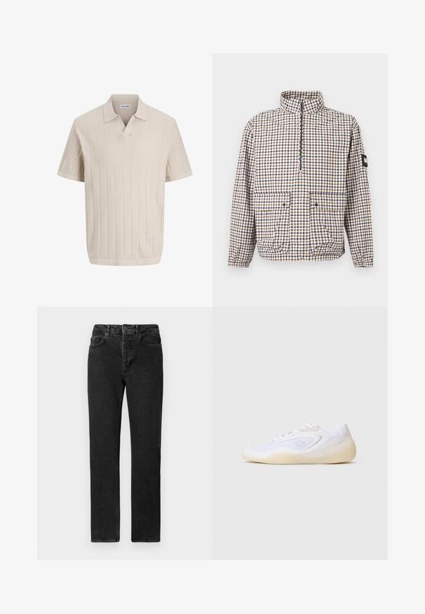 Veste à manches longues à carreaux marron, bleu et blanc, avec une fermeture éclair à moitié, deux poches à rabat, et des poignets et un ourlet élastiques.; Polo en tricot beige à manches courtes avec motif côtelé vertical et col en V ouvert, étiqueté "JACK & JONES".; Jean noir à jambe droite en denim, doté d'une taille haute, d'un design à cinq poches et d'un look épuré et minimaliste sans embellissements.; Des baskets de sport blanches présentant un design épuré, des matériaux en mesh et en daim, une forme courbée et une semelle en caoutchouc avec des accents minimaux.