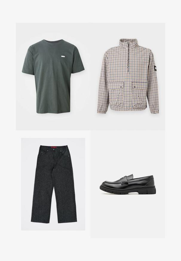 Langærmet ternet jakke med brune, blå og hvide firkanter, halvlukning foran med lynlås, to klaplommer samt elastiske manchetter og kant.; Mørkegrøn bomulds t-shirt med korte ærmer, rund hals, der har et lille hvidt "OBEY" logo på venstre brystområde.; Mørkegrå jeans med vide ben i denim med fem lommer og en rød mærkeetiket på det indvendige linning.; Sort læder loafersko med en bred rem over forfoden, gummisål med tykke mønstre og glat overflade. Klassisk, slankt design.