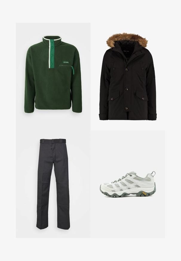 Zwarte parka jas met een met bont gevoerde capuchon, uitgerust met een ritssluiting, knoopaccenten, klepzakken en een gestructureerde stof.; Groene fleece pullover met een hoge kraag, voorzien van een contrasterende witte rits, drukknoopjes en een ritszak op de borst. Gelaagd stof.; Zwarte broek van duurzaam materiaal, met een rechte pijpdesign, een tailleband met riemlussen en naden voor extra textuur.; Lichtgrijze en witte wandelschoen met mesh-panelen, vetersluiting aan de voorkant, gevoerde kraag en Vibram-logo op robuuste zool.