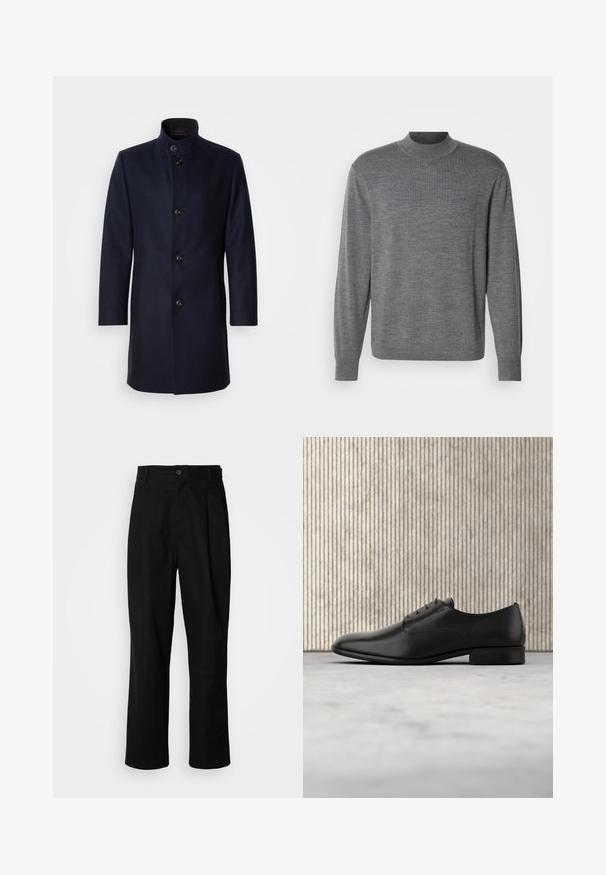 Marineblå uldfrakke med høj krave, fem knapper fortil, sidelommer og et slankt, lige snit. Glat tekstur, ingen mønstre.; Grå langærmet sweater lavet af strikket materiale, med en høj hals og et subtilt logo på brystet. Glat tekstur og tætsiddende design.; Sorte lige ben bukser med en knaplukket talje, bæltestropper og en frontfold, præsenteret mod en ensfarvet hvid baggrund.; Sorte læderdressko med et elegant design, rund tå, fem snøre-læseøjer og en lille hæl. Diskret prægede logo-detaljer.