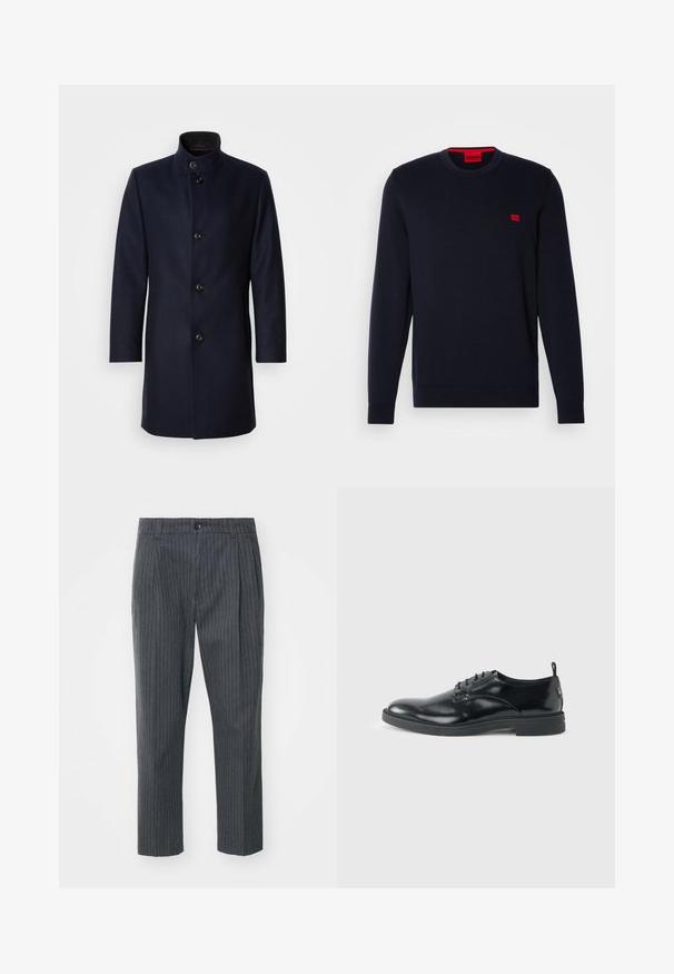 Manteau en laine marine à col montant, avec cinq boutons sur le devant, des poches latérales et une coupe droite élégante. Texture lisse, sans motifs.; Pull en tricot bleu marine avec un col rond, des poignets et un ourlet côtelés, et un petit logo rouge sur la poitrine. Texture lisse, design décontracté.; Pantalons gris à rayures avec une coupe droite, dotés d'une fermeture à bouton et d'une texture de tissu lisse. Coupe ajustée avec des plis.; Chaussure habillée en cuir noir brillant avec un petit talon, fermeture à lacets et bout rond, vue de côté sur un fond uni et clair.