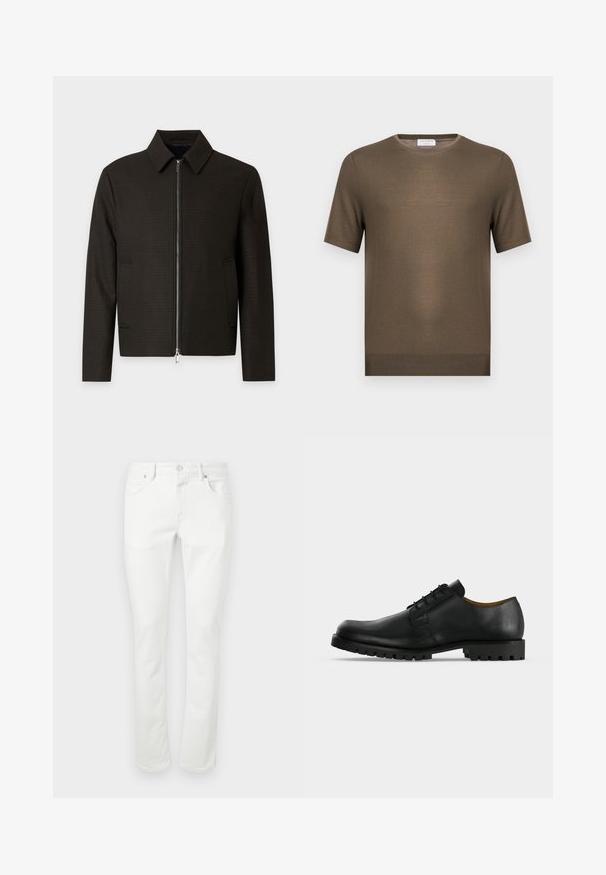 Veste homme marron foncé avec col, fermeture éclair à l'avant et deux poches latérales, présentée sur un fond clair uni.; Pull en maille vert olive à manches courtes avec encolure ronde et ourlet côtelé, présenté sur fond blanc uni.; Jeans en denim blanc avec une coupe droite, un design à cinq poches et une fermeture à bouton en métal. Texture lisse et détails de couture minimaux.; Chaussure de ville noire en cuir à lacets avec une semelle épaisse et rainurée et un petit talon, présentée sur fond blanc.