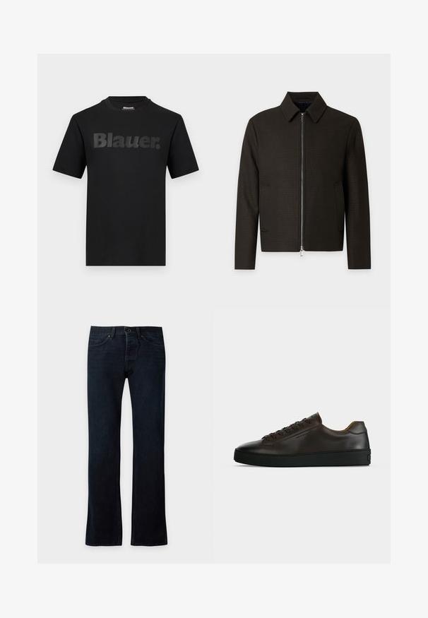 Veste homme marron foncé avec col, fermeture éclair à l'avant et deux poches latérales, présentée sur un fond clair uni.; T-shirt noir à manches courtes avec l'inscription "Blauer." en grandes lettres gris foncé sur la poitrine et un col rond.; Jean denim bleu foncé droit avec fermeture bouton et zip à l'avant, poches avant et arrière, présenté à plat sur un fond clair.; Baskets basses en cuir marron foncé avec semelle en caoutchouc noire, lacets à l'avant et design minimaliste épuré sur fond clair.