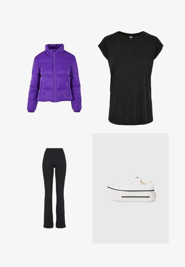 Lilla pufferjakke med høj krave, lynlås foran og elastiske manchetter. Den har et quiltet design med en gloss-overflade og en cropped pasform.; Sort kortærmet t-shirt lavet af glat stof. Rund halsudskæring og afslappet pasform med oprullede ærmer. Enkel, ensfarvet uden mønstre.; Sorte højtaljede, tætsiddende yogabukser med udvidede ben, præsenteret mod en hvid baggrund.; Hvide kanvas platform sneakers med sort gummisål, rund tåhætte og metaløjer, der har et enkelt og rent design.