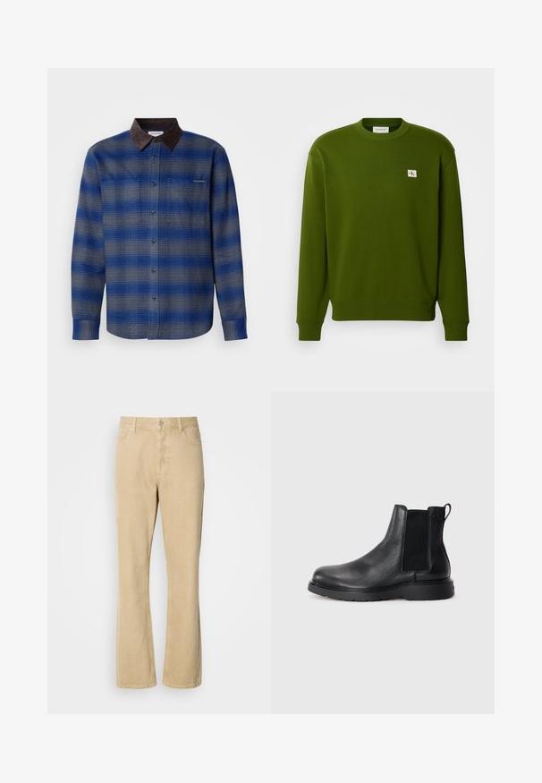 Chemise à carreaux bleue et grise avec un col en suède marron, manches longues, boutonnière à l'avant et deux poches poitrine. Texture subtile dans le tissu.; Sweatshirt en coton vert avec col rond, manches et ourlet côtelés. Présente un petit logo brodé dans le coin supérieur gauche.; Pantalons en velours côtelé beige évasés avec une fermeture à bouton et à fermeture éclair, comportant cinq poches et des coutures visibles le long des jambes. Texture lisse.; Bottes Chelsea en cuir noir avec une finition texturée, des panneaux latéraux élastiques et une semelle en caoutchouc robuste. Branding subtil sur le talon.