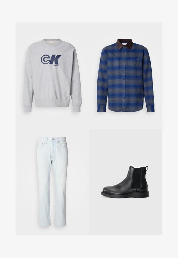Blauw en grijs geruite shirt met een bruine suede kraag, lange mouwen, knoopsluiting aan de voorkant en twee borstzakken. Subtiele textuur in de stof.; Grijze katoenen sweatshirt met ronde hals, voorzien van een groot marineblauw "CK"-logo en de tekst "Calvin Klein". Ribgebreide manchetten en zoom maken het ontwerp compleet.; Lichtblauwe denim jeans met een rechte pijp. Voorzien van een knoopsluiting en riemlussen, met een vervaagde textuur en minimale stiksels.; Zwarte leren Chelsea boots met een gestructureerde afwerking, elastische zijpanelen en een stevige rubberen zool. Subtiele branding op de hiel.