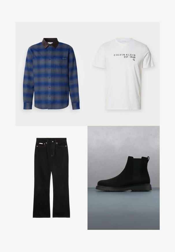 Blå og grå ternet skjorte med en brun ruskindskrave, lange ærmer, knaplukning foran og to brystlommer. Subtil struktur i stoffet.; Hvid T-shirt med korte ærmer med sort tekst "CALVIN KLEIN EST. 1968" og lille "CK" logo på den øverste del af brystet.; Sorte jeans med lige ben, orange syning, fem lommer, knaplukning og et lille Calvin Klein-mærke på den forreste højre lomme.; Sort ankelstøvle lavet af glat materiale med diskrete syninger, en gummisål og et strømlinet design, placeret over en overflade med træstruktur.