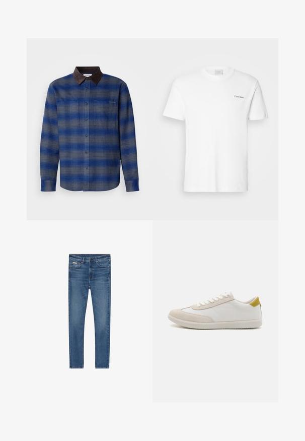 Blau- und grau kariertes Hemd mit einem braunen Wildlederkragen, langen Ärmeln, Knopfverschluss vorne und zwei Brusttaschen. Subtile Textur im Stoff.; Weißes Baumwoll-T-Shirt mit kurzen Ärmeln und Rundhalsausschnitt. Mit einem kleinen schwarzen "Calvin Klein"-Logo auf der linken Brust.; Blaue Denim-Jeans mit schlanker Passform, fünf Taschen, Knopfverschluss und subtiler Verblassung an Oberschenkeln und Knien.; Weißer Sneaker mit beigen Wildlederelementen, strukturiertem Gummisohlen und einem gelben Fersenakzent. Verfügt über ein traditionelles Schnürdesign.