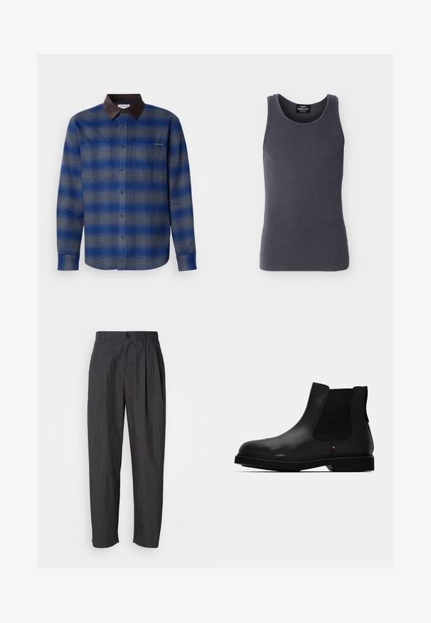 Camisa de cuadros azul y gris con un collar de ante marrón, de mangas largas, con botón en el frente y dos bolsillos en el pecho. Textura sutil en la tela.; Top sin mangas de canalé gris oscuro con escote redondo, con etiqueta Mads Nørgaard Copenhagen, mostrado sobre un fondo blanco.; Pantalones rectos de color gris oscuro con pasadores para cinturón, cierre frontal con botón y bolsillos laterales sobre un fondo claro liso.; Botín Chelsea de cuero negro con paneles laterales elásticos, puntera redonda y parte superior texturizada. Cuenta con una suela de goma plana y un detalle sutil de marca.