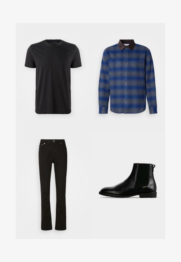 Chemise à carreaux bleue et grise avec un col en suède marron, manches longues, boutonnière à l'avant et deux poches poitrine. Texture subtile dans le tissu.; T-shirt noir à manches courtes avec un col rond. Fabriqué en tissu doux, il propose une coupe classique et un design uni sans motifs ni graphiques.; Jeans en denim noir au design droit, avec poches avant, braguette zippée et accents en métal argenté. Texture lisse, sans motifs.; Bottine en cuir noir avec panneau latéral élastique, talon bas, languette à l'arrière et petit logo doré "HUGO" sur le côté extérieur.