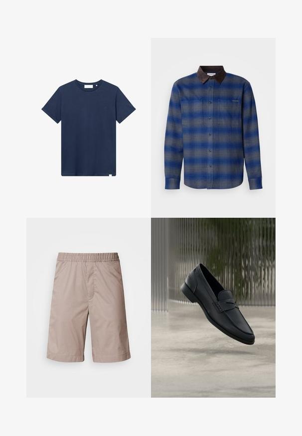 Blauw en grijs geruite shirt met een bruine suede kraag, lange mouwen, knoopsluiting aan de voorkant en twee borstzakken. Subtiele textuur in de stof.; Navyblauwe katoenen t-shirt met een ronde hals, korte mouwen en een klein geborduurd logo op de linkerkant van de borst. Zachte textuur.; Beige shorts met een elastische tailleband, een gladde textuur, knielange snit en zonder zichtbare patronen of hardware-details.; Zwarte leren loafer met een gladde afwerking, puntige neus en gestikte details over de wreef. Lage hak en minimalistisch ontwerp.