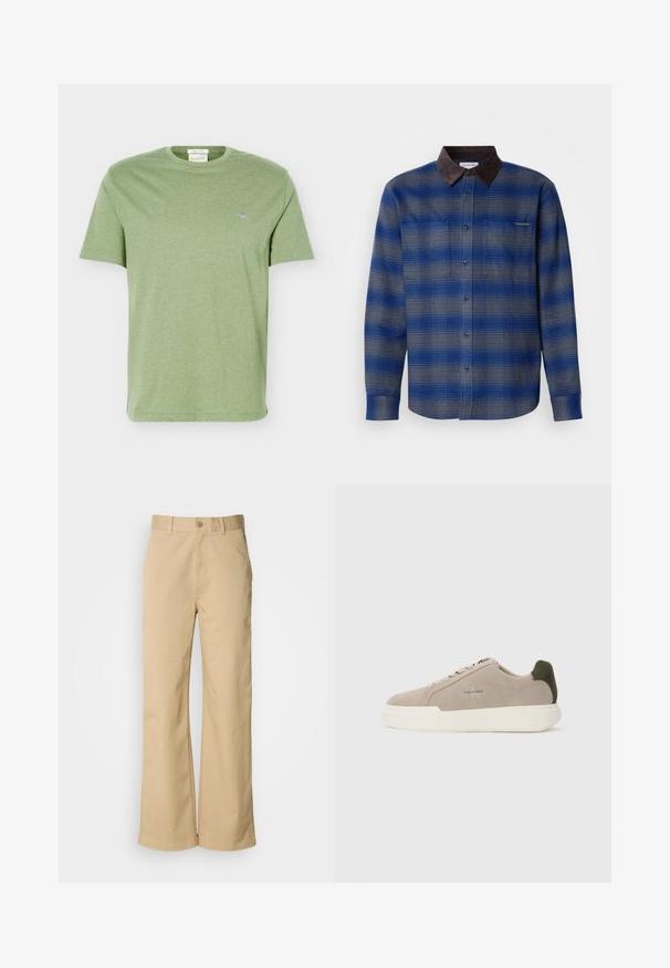 Chemise à carreaux bleue et grise avec un col en suède marron, manches longues, boutonnière à l'avant et deux poches poitrine. Texture subtile dans le tissu.; T-shirt en coton vert clair à manches courtes, col rond et petit logo brodé sur la poitrine gauche.; Pantalon large beige en mélange coton. Fermeture par bouton et passants de ceinture. Texture lisse, avec des détails de couture minimaux.; Baskets en suède beige avec une semelle en caoutchouc blanche, présentant un accent de talon vert foncé et une branding subtile sur le côté.