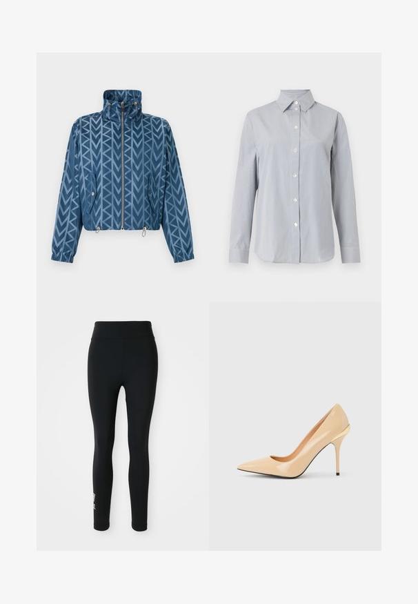 Blaue Zip-up-Jacke mit hohem Kragen, geometrischem Pfeilmuster, Taschen mit Knopflaschenklappen, elastischen Bündchen und verstellbaren Saumkordelstoppern.; Hellgraues Langarmhemd mit dünnen vertikalen weißen Streifen, durchgeknöpft mit spitzem Kragen und passenden Manschetten vor einfarbigem Hintergrund.; Schwarze Leggings aus dehnbarem Material, mit einem hohen Bund und einem kleinen aufgedruckten Logo an einem Bein. Glatte Textur, figurbetonter Schnitt.; Beiger High-Heel-Pumps aus lackiertem Leder mit spitzer Zehenpartie und schlankem Stiletto-Absatz, mit einem kleinen goldenen Akzent an der Rückseite.