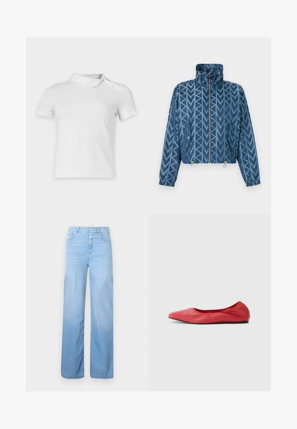 Veste zippée bleue avec col montant, motif géométrique en forme de flèches, poches à rabat boutonnées, poignets élastiques et cordons de serrage ajustables à l'ourlet.; Haut blanc à manches courtes avec un col asymétrique et deux boutons sur l’épaule droite, présenté sur un fond uni.; Jean en denim bleu clair à coupe droite, style 5 poches, fermeture par bouton et texture délavée vers le bas.; Filippa K REY FLATS - Ballerines - bright red