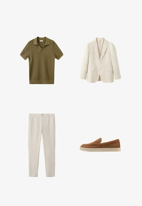 Blazer beige à simple boutonnage avec revers crantés, deux poches avant à rabat, une poche poitrine et deux boutons aux poignets.; Polo tricoté à manches courtes de couleur vert olive avec tissu texturé, col ouvert et ourlet et poignets côtelés, étalé à plat sur un fond blanc.; Pantalon beige clair à jambes droites avec fermeture par bouton et passants de ceinture, doté de poches avant et arrière.; Chaussures en daim marron à enfiler, au design discret, avec un bout rond et une semelle en caoutchouc de couleur claire. Présentent des détails cousus le long des bords.