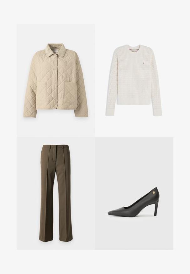 Beige gesteppte Jacke mit einer Knopfleiste, großen aufgesetzten Taschen und einem Kragen. Mit einem Logoakzent auf der linken Brust.; Langärmliger, cremefarbener Zopfmuster-Pullover mit Rundhalsausschnitt und kleinem Tommy Hilfiger Flaggenlogo auf der linken Brust.; Braune maßgeschneiderte Hose mit geradem Schnitt, gefaltetem Vorderteil und klassischem Bund. Hergestellt aus glattem Stoff mit raffiniertem Finish.; Schwarze Lackleder-High-Heel-Pumps mit spitzer Zehe, versehen mit einem kleinen goldenen Logo-Detail am Absatz. Glatte Textur, elegantes Design.