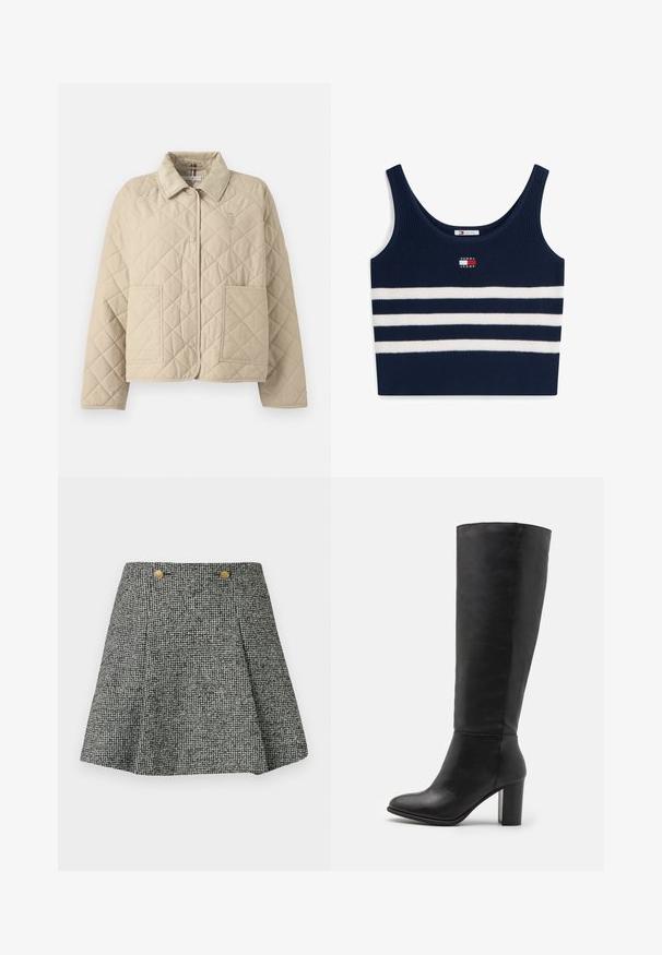 Beige quiltet jakke med knaplukning foran, store klaplommer og krave. Har en logoaccent på venstre bryst.; Marineblå cropped tanktop med to hvide, horisontale striber og et lille Tommy Jeans logo på brystet og indersiden af kraven.; Sorte og hvide ternede nederdel med plisseringer, der har høj talje og to guldfarvede knapper foran. Tekstureret stof.; Sorte knæhøje støvler lavet af glat læder, med en kraftig hæl og rund tå. Minimalistisk design uden synligt hardware eller dekorationer.