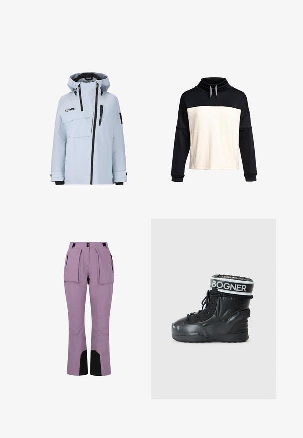 Lysblå vandtæt jakke med hætte, frontlynlås, stor klaplommer og justerbare manchetter; sorte accenter på lynlåse og branding.; Pullover sweatshirt med en sort overdel og en cremefarvet underdel. Tekstureret stof med en funnel neck og snørelukning. To forlommer.; Lavendelfarvede skibukser lavet af slidstærkt stof, med to frontlommer, sorte accenter på de nederste ben og en skræddersyet pasform med struktureret design.; Sort vinterstøvle med en snug top, snørelukning og en hævet sål med "BOGNER"-logoet på kanten.