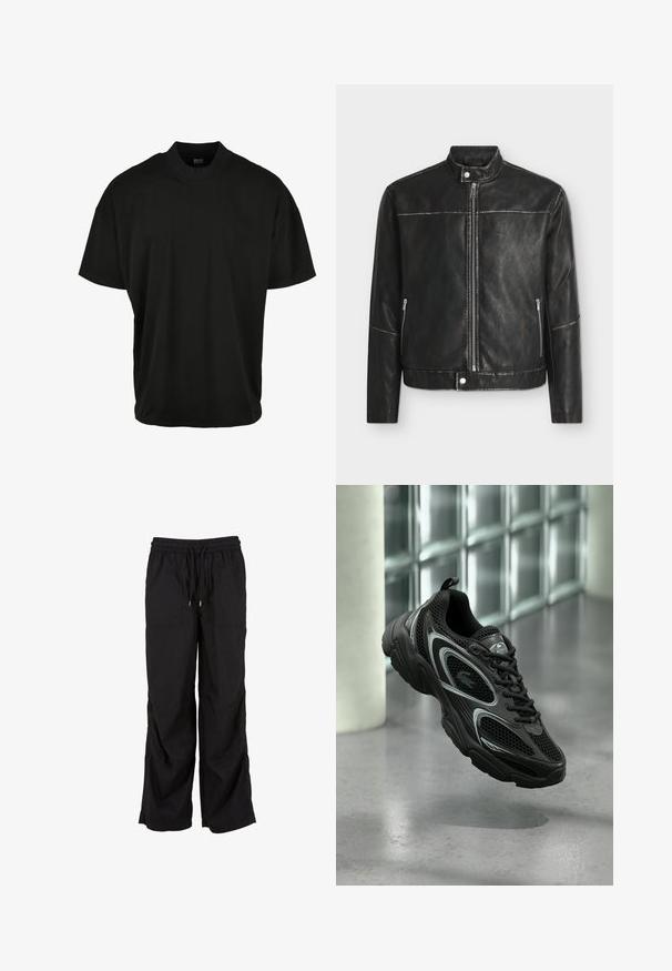 Sort jakke i imiteret læder med ståkrave, lynlås foran, lynlåslommer i siderne og trykknaplukning ved halsen og i kanten.; Sort kortærmet T-shirt med rund halsudskæring, lavet af blødt stof, med en afslappet pasform og uden synlige mønstre eller accenter.; Sorte cargobukser med afslappet pasform, der har en elastisk talje med snøre, to forlommer og en glat bomuldstekstur.; Sort atletiksko med mesh og syntetisk materiale, der har en tekstureret sål, slankt design, sølvdetaljer og snørebånd foran.
