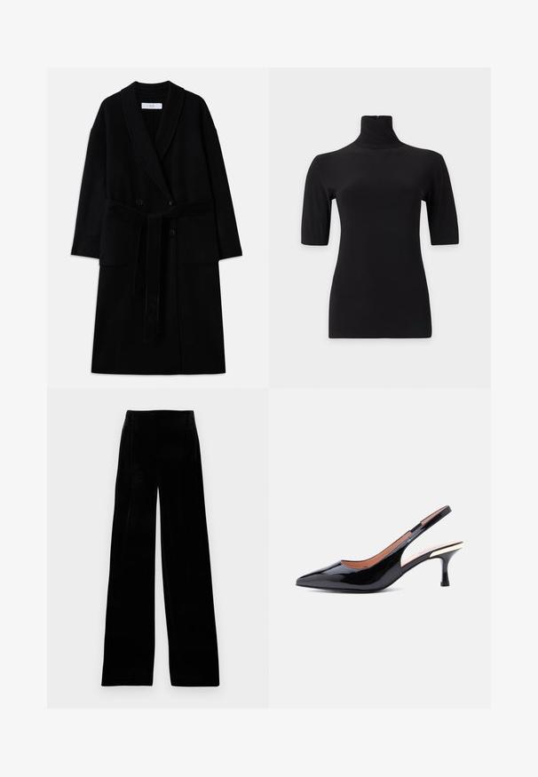 Sort uldblandingsfrakke med sjalkrave, dobbeltradet design, to forlommer og bælte med selvbinding. Glat tekstur og moderne snit.; Figursyet sort turtleneck med korte ærmer og høj krave, set forfra mod en ensfarvet lys baggrund.; Sorte fløjl brede bukser med høj talje, plisseret front og glat tekstur, designet til en afslappet pasform.; Sort slingback-pumps i laklæder med spids tå og mellemhøj hæl med en metallisk detalje nær hælen.