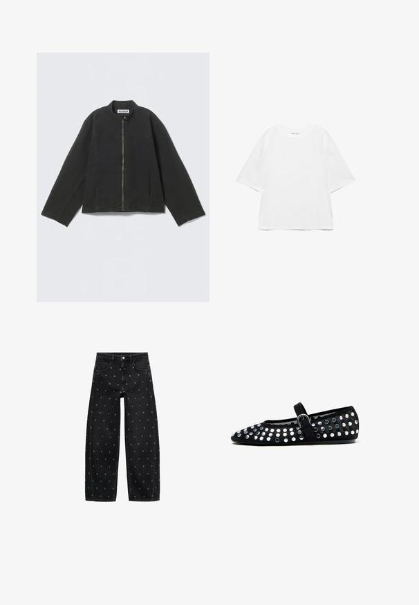Sort lynlåstrøje med lange ærmer, opretstående krave og trykknaplukning ved halsen, lagt fladt på en lys baggrund.; Hvid oversize T-shirt med korte ærmer og rund hals, ensfarvet design og skuldersømme, der er sænket, på hvid baggrund.; Sorte denim bukser med lige ben med metaløjeudsmykning jævnt fordelt på stoffet, med forlommer og bæltestropper.; Sort flad Mary Jane-sko med sølvfarvede runde nitter og en rem med spænde, vist i sideløbende profil på en hvid baggrund.