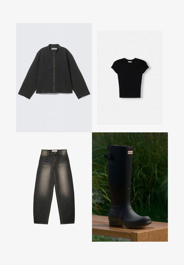 Sort lynlåstrøje med lange ærmer, opretstående krave og trykknaplukning ved halsen, lagt fladt på en lys baggrund.; Sort kortærmet t-shirt lavet af bomuld. Tætsiddende design, rund hals og glat tekstur. Ingen mønstre eller ekstra hardware synligt.; Grå denim bredbenede jeans med let lysning, fem lommer, kontraststing og en afslappet pasform. Ingen synlige mønstre eller udsmykninger.; Sort gummistøvle til knæene med rundt tå, let hæl og en spænde rem. Har "HUNTER" logoet på forsiden.