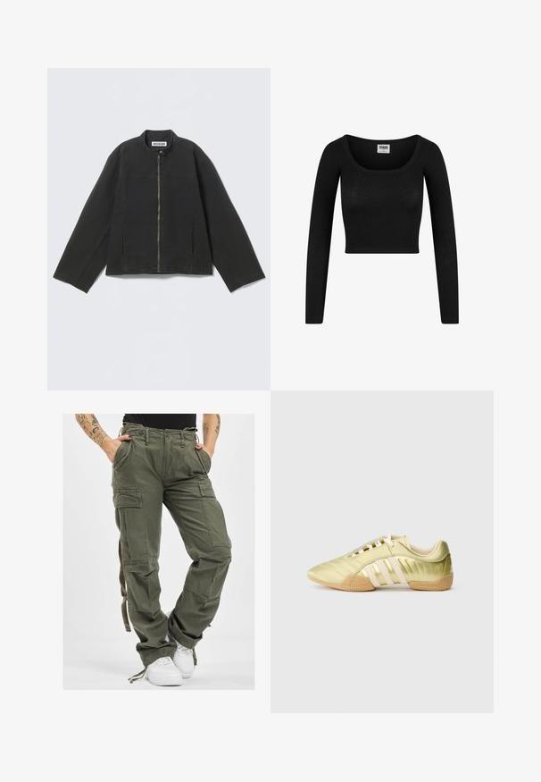Zwarte jas met ritssluiting, lange mouwen, opstaande kraag en drukknoopsluiting bij de hals, plat gelegd op een lichte achtergrond.; Zwarte lange mouwen cropped top met een ronde halslijn, gemaakt van ribgebreid materiaal. Heeft een aansluitende pasvorm en een zachte textuur.; Olijfgroene cargobroek met meerdere zakken, een taille met trekkoord en een relaxte pasvorm. De stof heeft een zachte textuur en een stevige, duurzame uitstraling.; Synthetische sportschoen in limoengroen met een gladde textuur, voorzien van drie witte strepen, een zachte binnenvoering en een gestructureerde rubberen buitenzool.