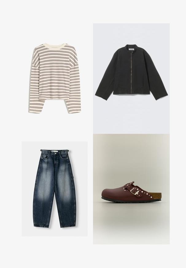 Musta vetoketjullinen takki, jossa on pitkät hihat, pystykaulus ja nepparikiinnitys kaulassa, asetettuna tasaiselle vaalealle taustalle.; Pitkähihaisessa crew-neck paidassa on kerma väri, jossa on vaakasuoria marooniraitoja. Paita on rento malli ja sen kangas on pehmeä ja sileä.; Siniset farkut, joissa on leveät lahkeet ja haalistunut pesu. Vaatteessa on napillinen etuosa, sivutaskut sekä cargo-tyyliset taskut sivuilla.; Ruskea slip-on-liukukenkä, jossa on korkkipohja, hopeinen solkiremmi ja pienet pyöreät metalliset niitit yläreunalla ja soljen lähellä.
