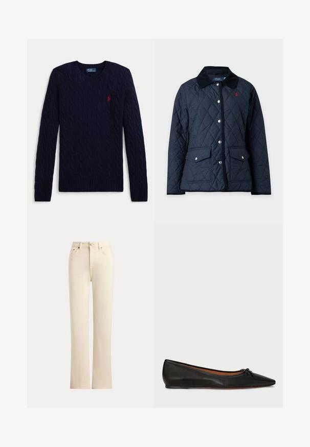 Chaqueta acolchada azul marino con cuello negro, cierre frontal con botones a presión, dos bolsillos con solapa y logotipo bordado en rojo en el pecho.; Jersey de punto de cable azul marino con mangas largas, cuello redondo, puños y bajo acanalados, con un pequeño logo bordado en rojo de un jugador de polo en el pecho.; Vaqueros rectos color crema con cierre de botón frontal y diseño de cinco bolsillos sobre un fondo liso.; Bailarina de cuero negro con punta afilada, silueta delgada y un pequeño lazo en la parte frontal. Textura lisa y diseño minimalista.